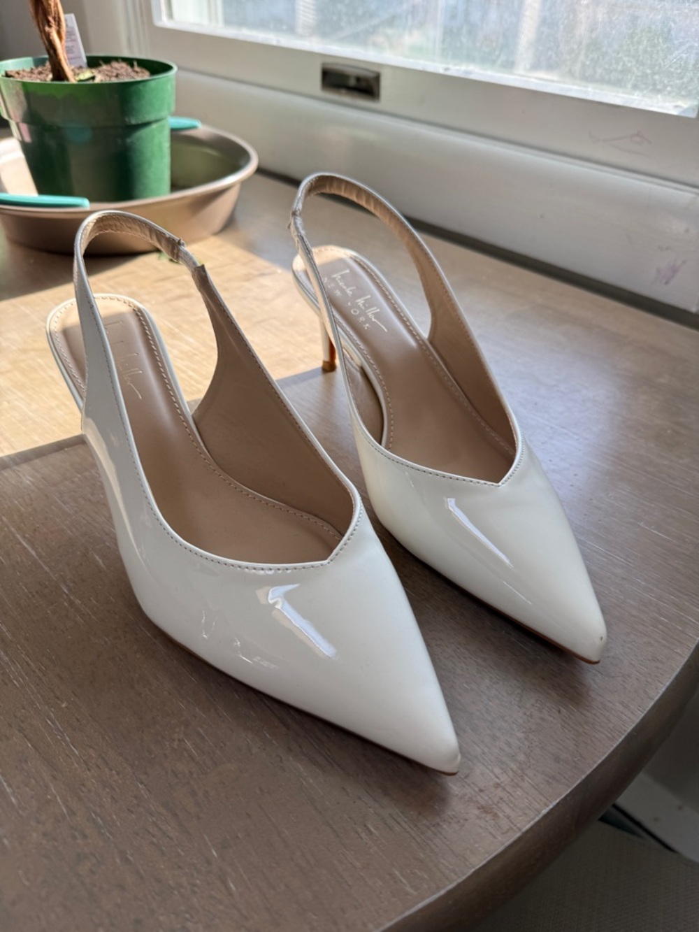 Patent Pointed Slingback Heels in White